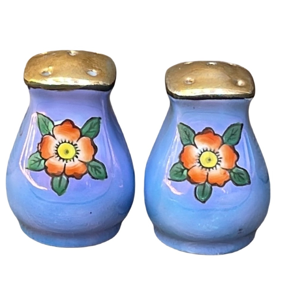Tiny Vintage Porcelain Blue Lusterware Salt & Pepper Handpainted Orange Flower